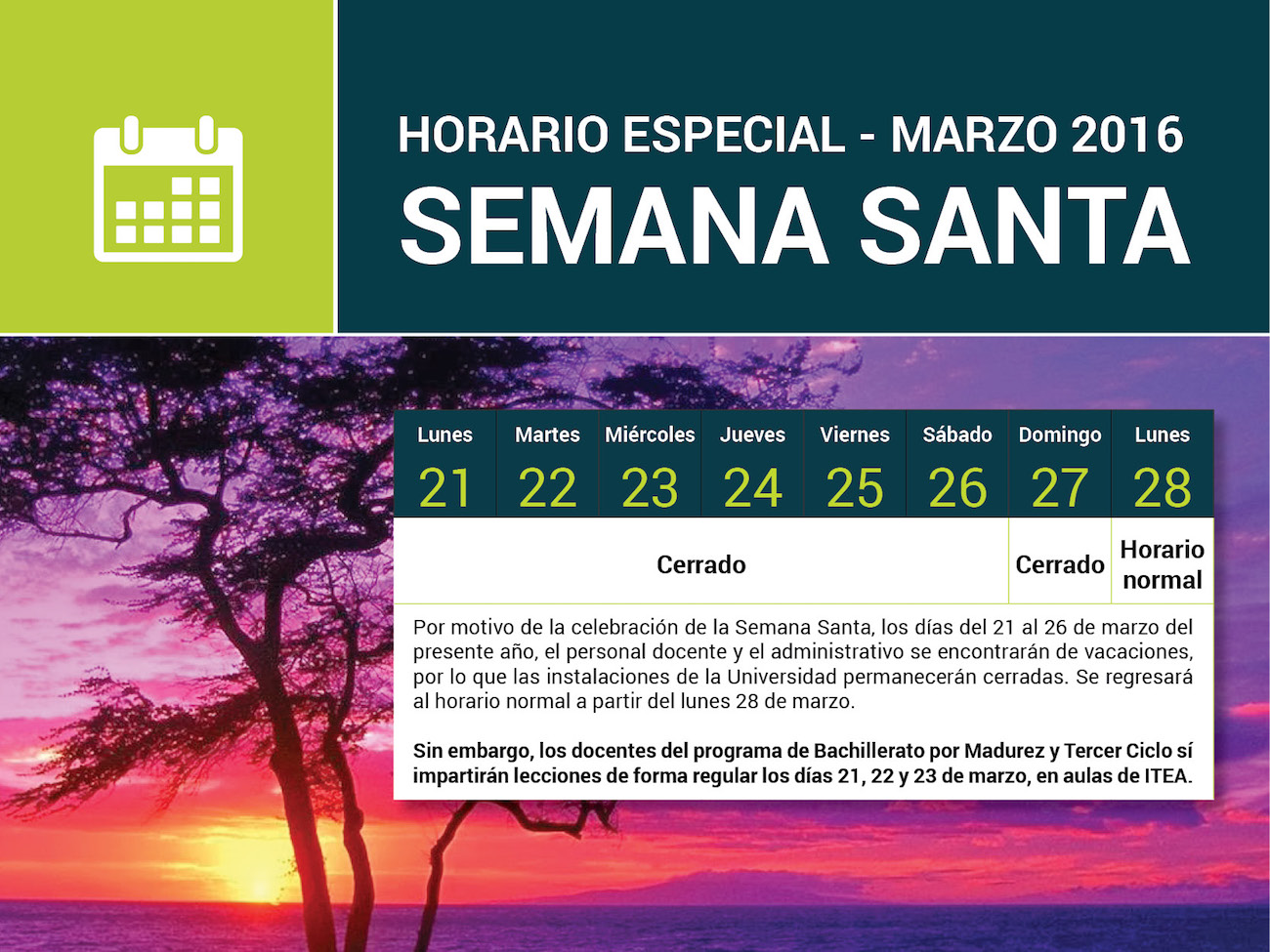 Horario Especial Semana Santa Universidad Castro Carazo 1856